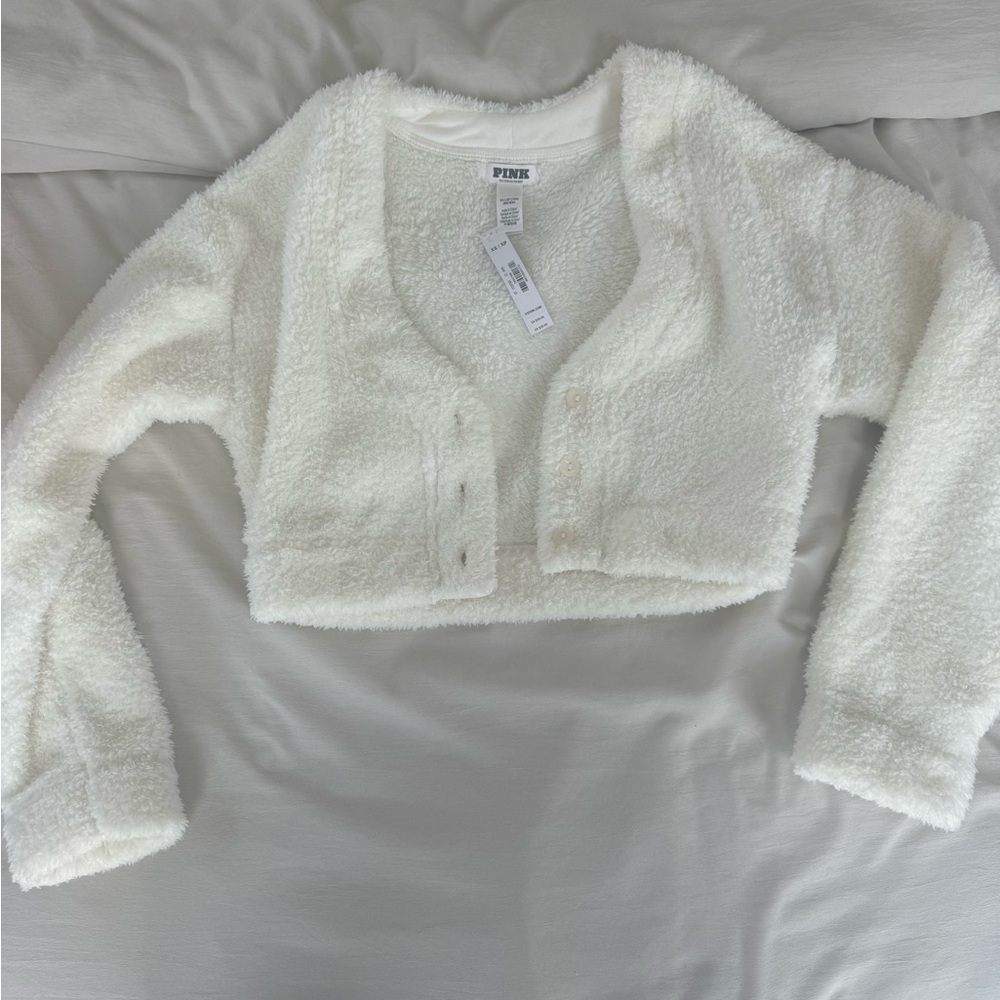 White Fuzzy Cropped Cardigan